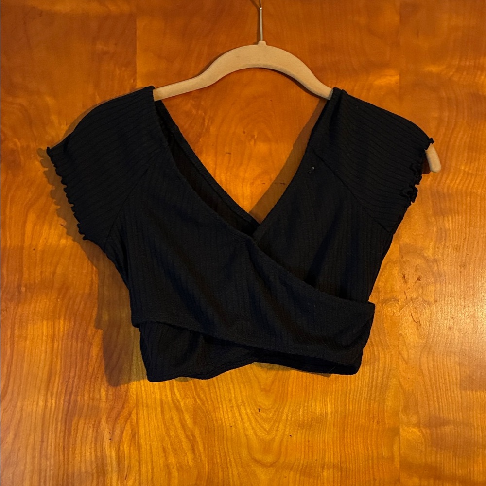 SHEIN Black Ribbed Wrap Crop Top